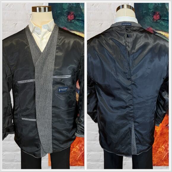 Stafford 46R Gray Herringbone Lambswool Tweed Blazer Sport Coat 3/2 Roll - Picture 7 of 14